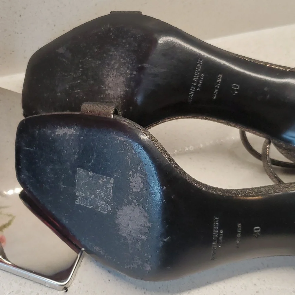 YSL shiny black-silver heeled sandals (sz 40) - Picture 10 of 11